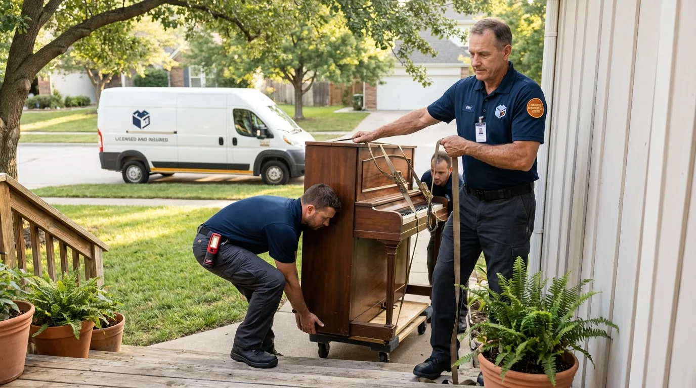 Licensed piano movers securing grand piano in Chiefland, FL