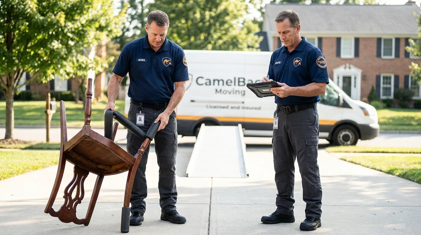 Movers inspecting furniture for damage prevention before loading in Chiefland, FL