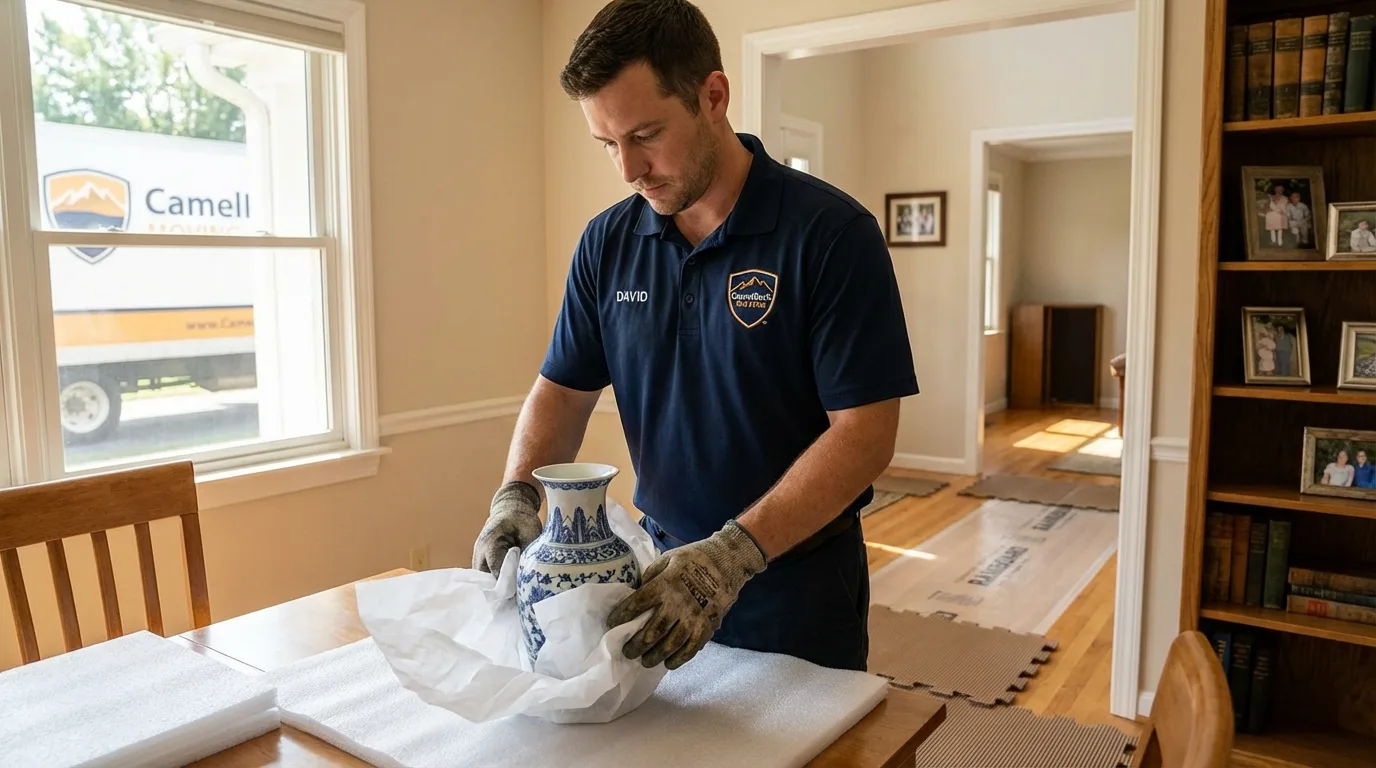 Professional crew carefully wrapping antique vase for senior downsizing move in Chiefland, FL
